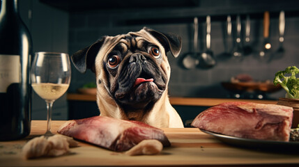 Funny pug dog with paws on kitchen counter.