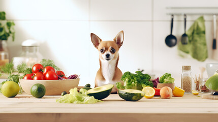 Funny chihuahua dog sit at table full of vegetables on kitchen - obrazy, fototapety, plakaty