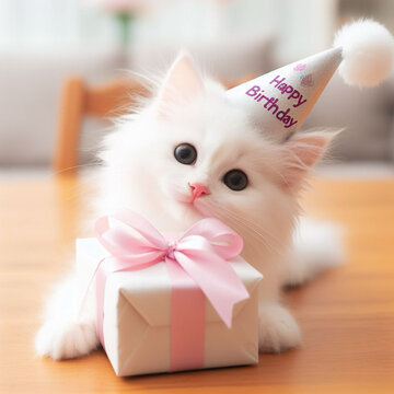 cute cat celebrating birthday and gift