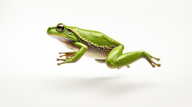 A Green frog jumping on white isolated background.