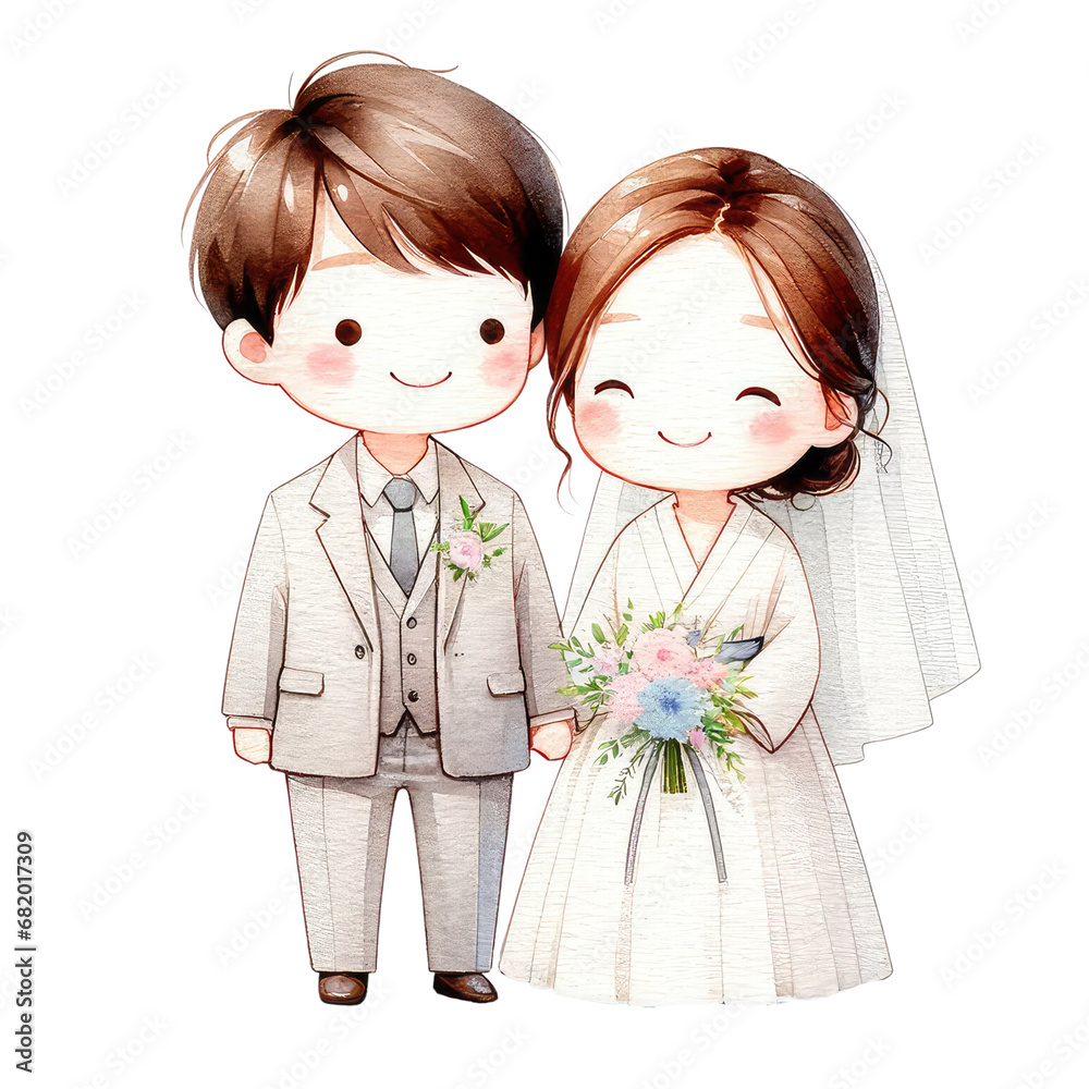 Wall mural watercolor cute wedding couple clipart