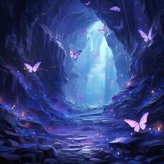A swarm of butterflies flew out of the dark cave beautiful image Ai generated art