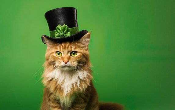 Classy big red fluffy cat in St Patricks Day costume with yellow eyes, a black top hat with a ribbon and bow tie on green background. Studio light. St Patricks day sale or party banner. AI Generative