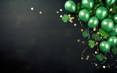 St Patricks Day background with green balloons and golden confetti on dark matte surface. Sale banner template, green clover shaped decorations, copy space. Party poster with shamrocks. AI Generative.