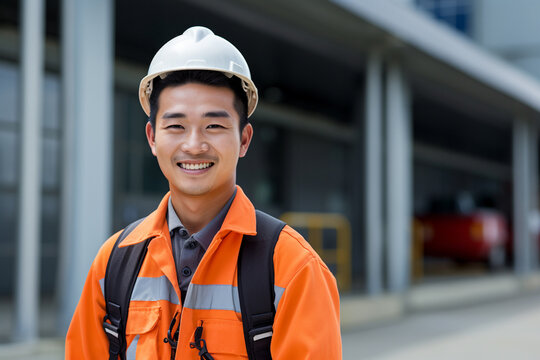 The portrait of an Asian male construction worker in a company uniform, orange safety vest and helmet, smiling and standing in front of construction site background. Generative AI.