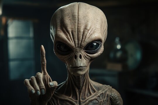 Alien pointing finger up while standing indoors. Invasion, warning