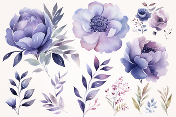 The wallpaper set of many purple watercolor flower type graphic illustrations isolated on a white background for decoration. Generative AI. - Powered by Adobe