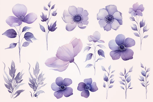 The wallpaper set of many purple watercolor flower type graphic illustrations isolated on a white background for decoration. Generative AI.