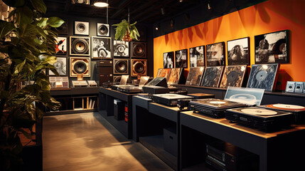 Vinyls and record players in a music shop