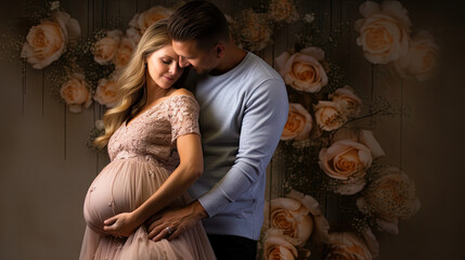 Pregnancy photography in a studio. Couple embracing each other