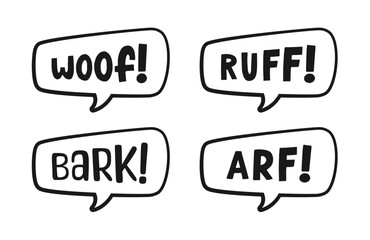 Dog bark animal sound effect text in a speech bubble sound balloon outline doodle clipart set. Cute cartoon onomatopoeia comics and lettering.