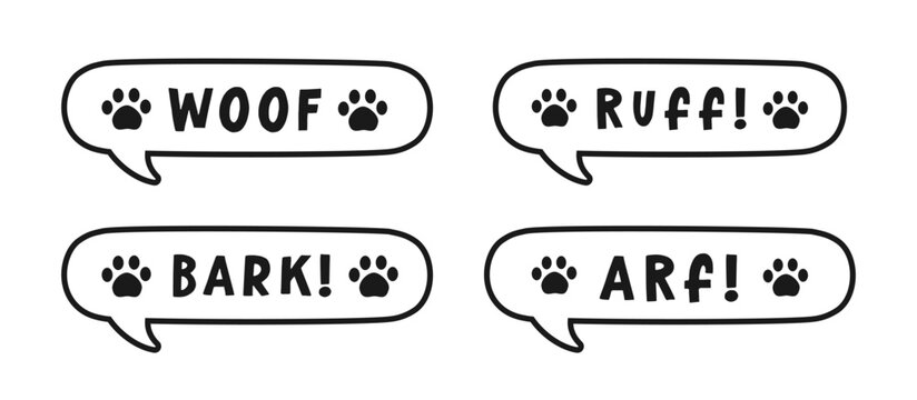 Dog bark animal sound effect text in a speech bubble sound balloon outline doodle clipart set. Cute cartoon onomatopoeia comics and lettering.