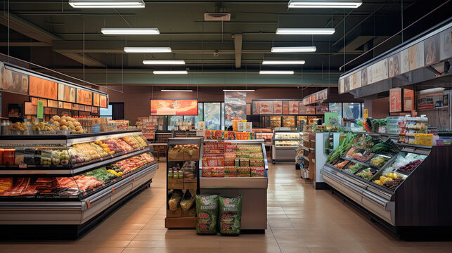 Grocery store interior. Supermarket with fresh produce, meat and dairy