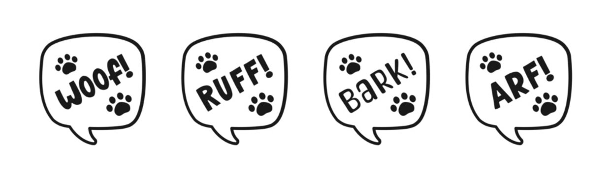 Dog bark animal sound effect text in a speech bubble sound balloon outline doodle clipart set. Cute cartoon onomatopoeia comics and lettering.