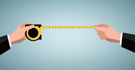 Measuring tape in the hands of a man. Template for a poster of a construction and repair company. Flat vector illustration.