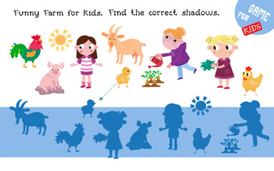 Find shadows. Educational puzzle game for kids. Cartoon funny characters. Cute cartoon set of animals and people on farm. Vector illustration. 