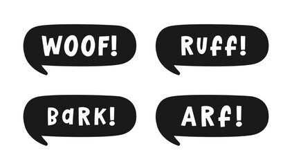 Dog bark animal sound effect text in a speech bubble balloon silhouette clipart set. Cute cartoon onomatopoeia comics and lettering.