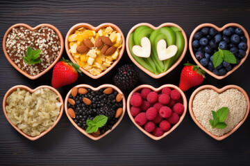Healthy food in heart shaped dishes, top view
