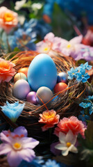 Fototapeta na wymiar Colorful easter eggs in nest and spring flowers, close up