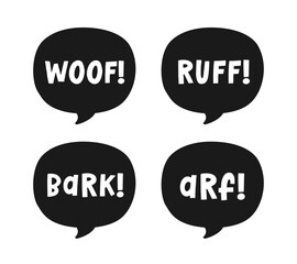 Dog bark animal sound effect text in a speech bubble balloon silhouette clipart set. Cute cartoon onomatopoeia comics and lettering.