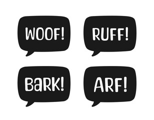 Dog bark animal sound effect text in a speech bubble balloon silhouette clipart set. Cute cartoon onomatopoeia comics and lettering.