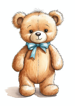 Cute teddy bear, Watercolor marker illustration fluffy teddy bear with a blue bow, standing upright, with a soft, welcoming expression, ideal for children's themes, isolated on a white background