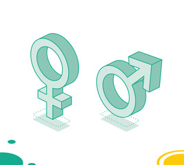 Isometric gender signs. Male and female signs. 3d objects isolated on white background. Outline icons.