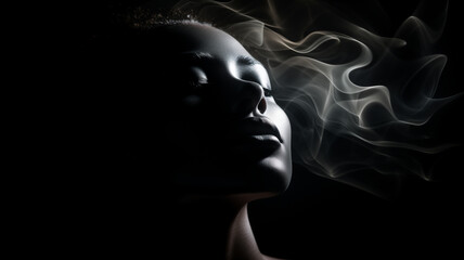 weibliches Beauty Model in sinnlicher Pose mit Nebel/ Rauch und Lichteffekten. Low Key Portrait bei dramatischem Licht. Querformat 16:9 Format. Generative Ai.