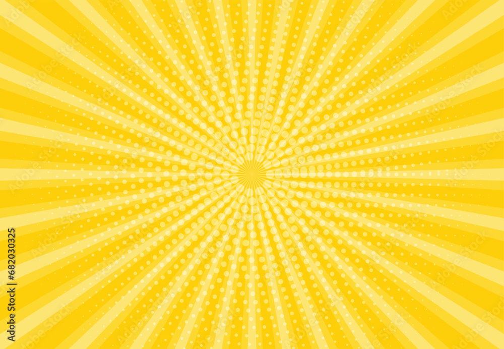 Aufkleber Sunbeams with dots yellow background. Abstract background with halftone dots design. Vector illustration.