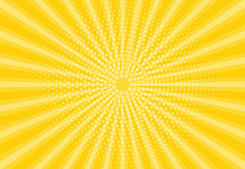 Sunbeams with dots yellow background. Abstract background with halftone dots design. Vector illustration.