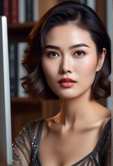 Close up portrait of beautiful young Asian professional women at the office. 