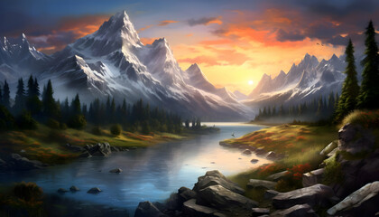 Fototapeta premium beautiful peaceful landscape of mountains. Spring and summer season desktop wallpaper.