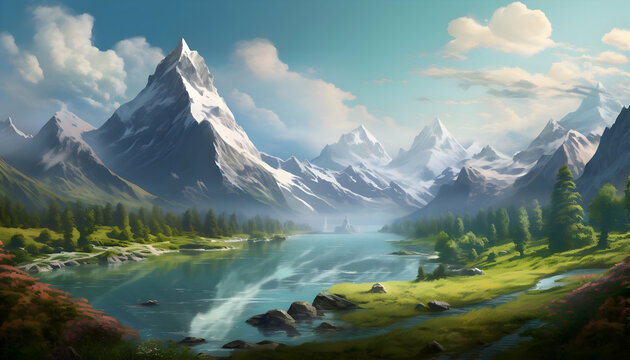 beautiful peaceful landscape of mountains. Spring and summer season desktop wallpaper.