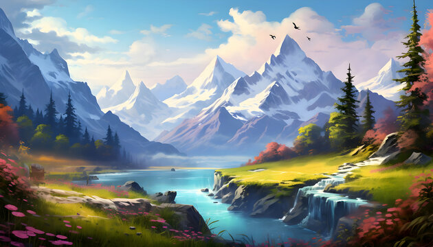 beautiful peaceful landscape of mountains. Spring and summer season desktop wallpaper. © Clip Arts Fusion 