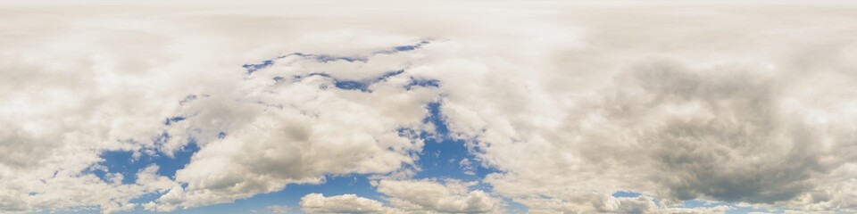 Obraz premium Blue summer sky panorama with Cumulus clouds. Seamless hdr spherical 360 panorama. Zenith or sky dome in 3D visualization, sky replacement for aerial drone 360 panoramas. Weather and climate change