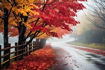 Naklejka na ściany i meble After the autumn rain, it is foggy all around, and the wet road twists and turns in the distance. The maple trees on both sides of the road are covered with dense red and yellow leaves
