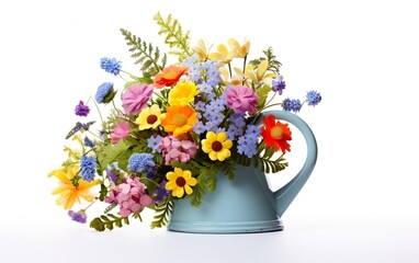 Happy start of spring poster. Beautiful garden flowers in a blue watering can isolated on white background. Sprinkling can icon in pastel colors. Fresh spring sale banner design. AI Generative.