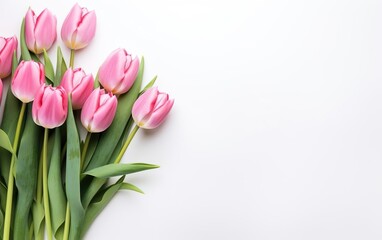 Happy start of spring poster. Pink tulips bouquet isolated on white background. Nice garden flowers. Copy space, top view, over the shoulder. Pastel colors. Fresh sale banner design. AI Generative.