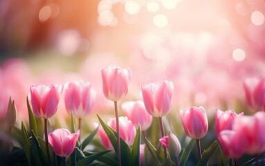 Happy start of spring poster. Beautiful photorealistic pink tulip flowers close up on nice blurred background. Spring flowers in the garden. Bokeh, de focus, pastel colors. Sale banner. AI Generative.