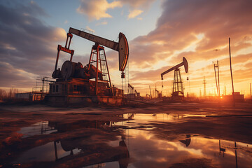 oil pumps in the field pumping oil - obrazy, fototapety, plakaty