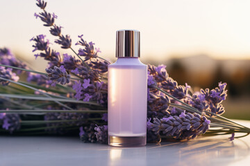 Obraz na płótnie Canvas cosmetics bottle mockup and lavender bouquet