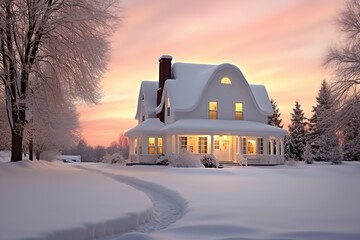  white country house with snow and a sunset across the front yard, in the style of whimsical and dreamlike