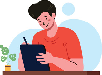 simple flat style man drawing at tablet