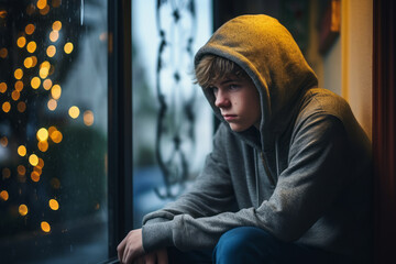 Upset teenager with hoodie sitting by window alone. Emotion, solitude, loneliness, sorrow, family...