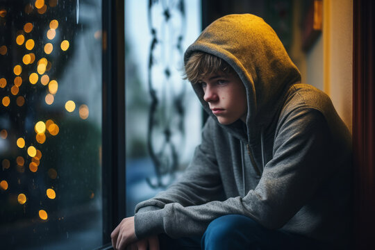 Upset teenager with hoodie sitting by window alone. Emotion, solitude, loneliness, sorrow, family problems, sad Christmas, post holiday depression