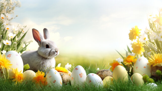 Funny rabbit with easter eggs