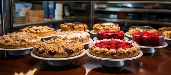 Fototapeta na wymiar In the busy bakery, a mouth-watering assortment of pastries, breads, and cakes were laid out, ready for hungry customers to enjoy their breakfast or grab a quick snack. Amongst the delicious spread, a
