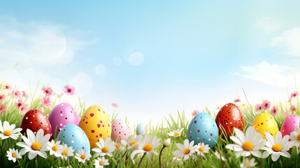 Banner with colorful eggs and flowers for a easter theme background with copy space