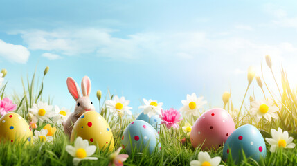 Fototapeta na wymiar Banner with colorful eggs and flowers for a easter theme background with copy space