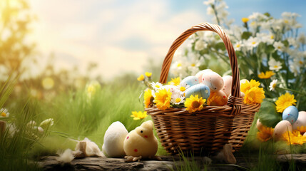 Easter eggs in a basket with flowers and daisies, AI